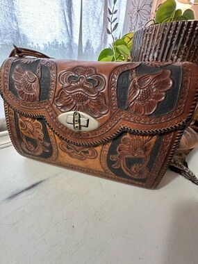 Vintage Hand Tooled Floral Leather Handbag - Black and Brown